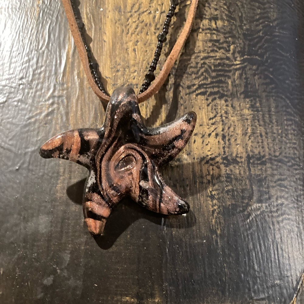 Vintage Copper & Black Art Glass Star Starfish Pendant, Multi Strand necklace